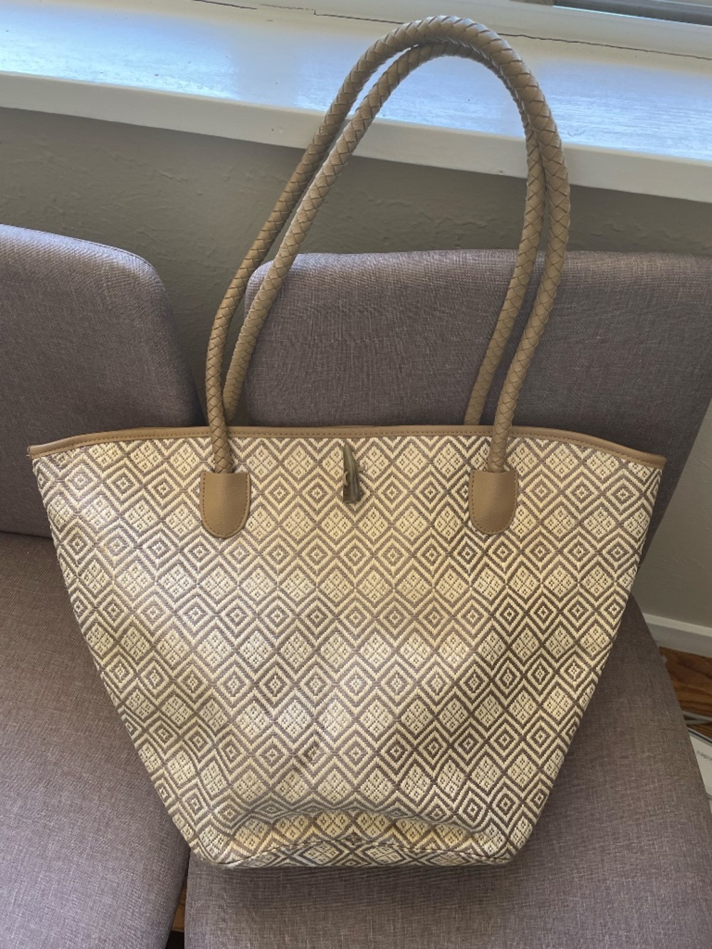 Neiman Marcus Gold Diamond Print Tote Bag | Braided Rope Handles | Leather Trim - Picture 3 of 6